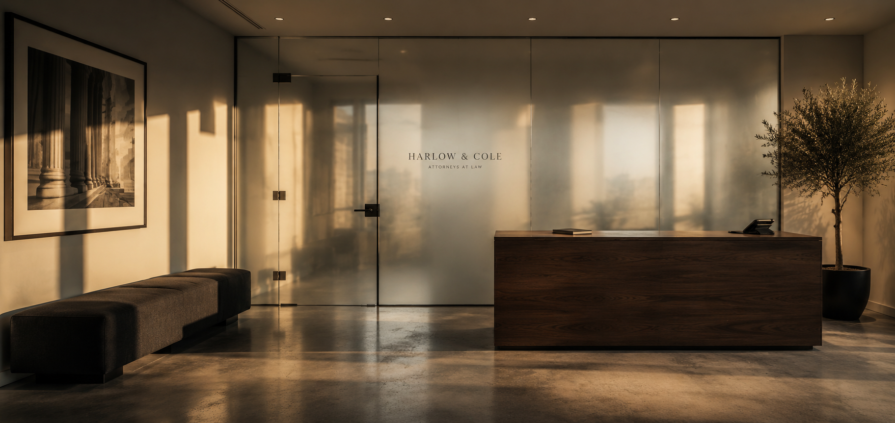 Minimal law office reception area with clean white walls and dark wood floors