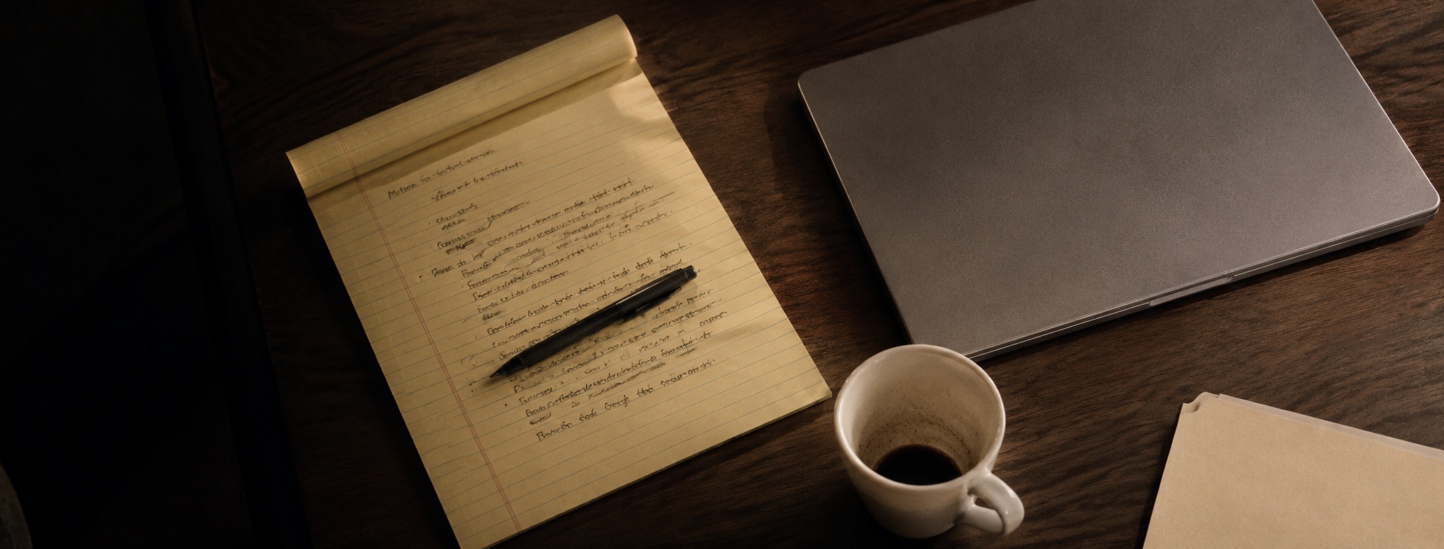 Minimal office desk with notebook and warm afternoon light